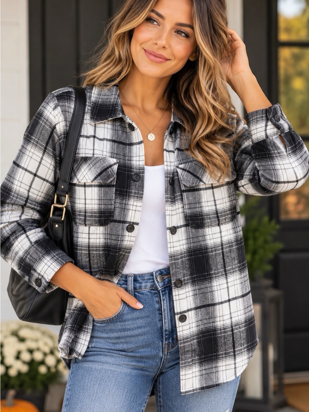 Black White Gray Plaid Flannel Shacket Button Down Shirt Jacket